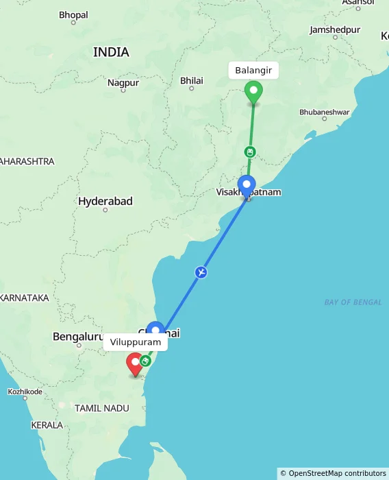 Route map showing distance and travel time from Balangir, India to Viluppuram, India