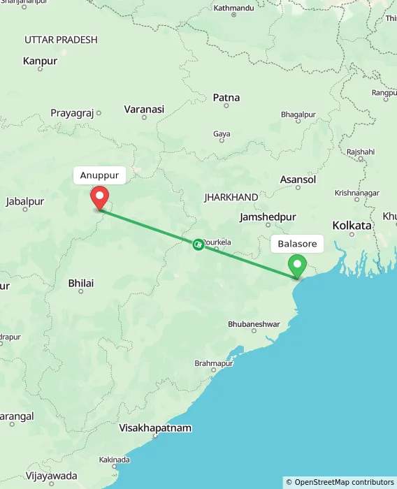 Route map showing distance and travel time from Balasore, India to Anuppur, India