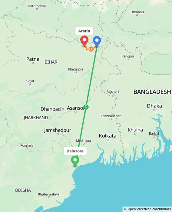 Route map showing distance and travel time from Balasore, India to Araria, India