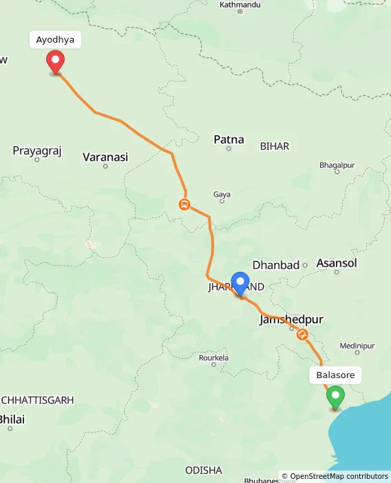 Route map showing distance and travel time from Balasore, India to Ayodhya, India