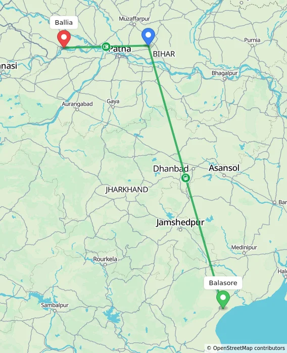 Route map showing distance and travel time from Balasore, India to Ballia, India