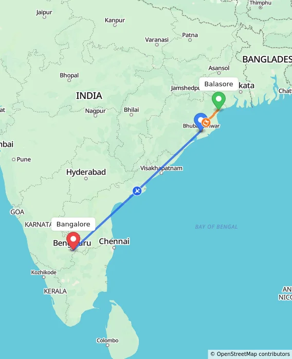 Route map showing distance and travel time from Balasore, India to Bangalore, India