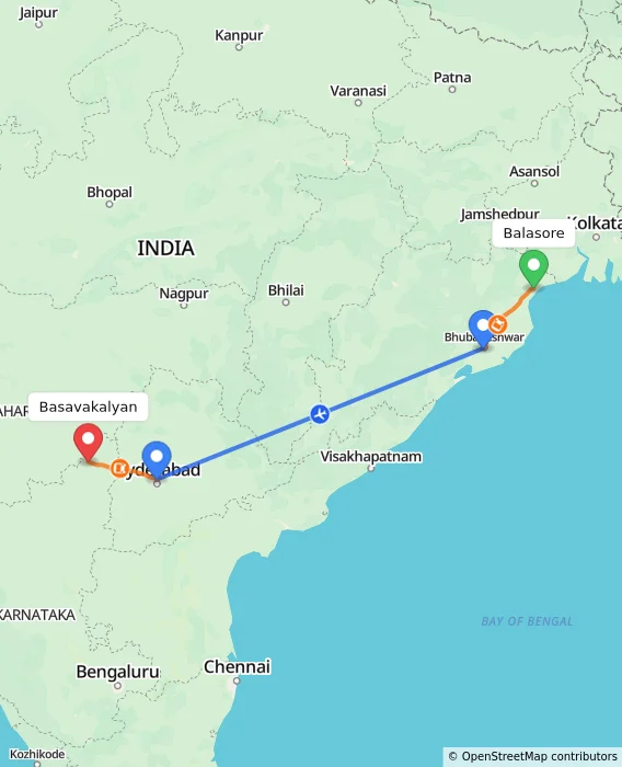 Route map showing distance and travel time from Balasore, India to Basavakalyan, India
