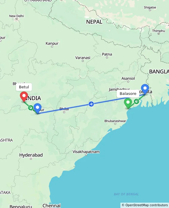 Route map showing distance and travel time from Balasore, India to Betul, India
