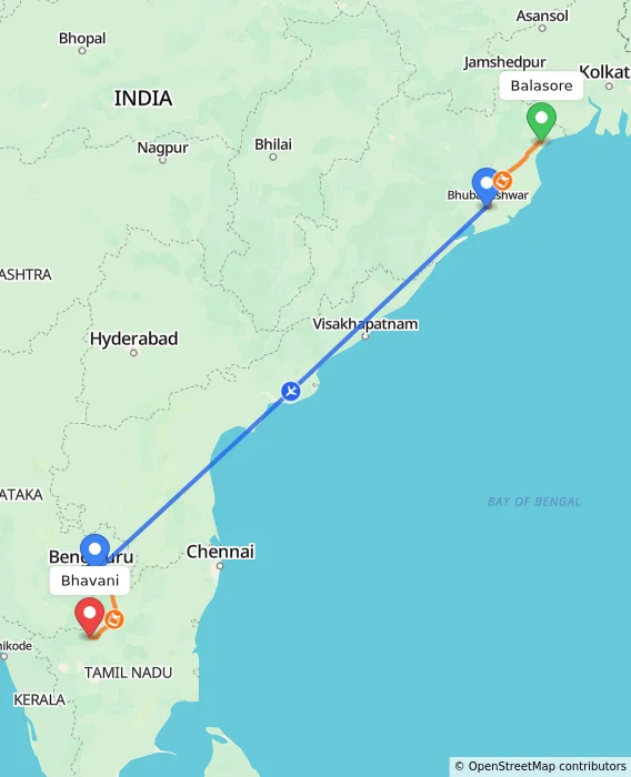 Route map showing distance and travel time from Balasore, India to Bhavani, India