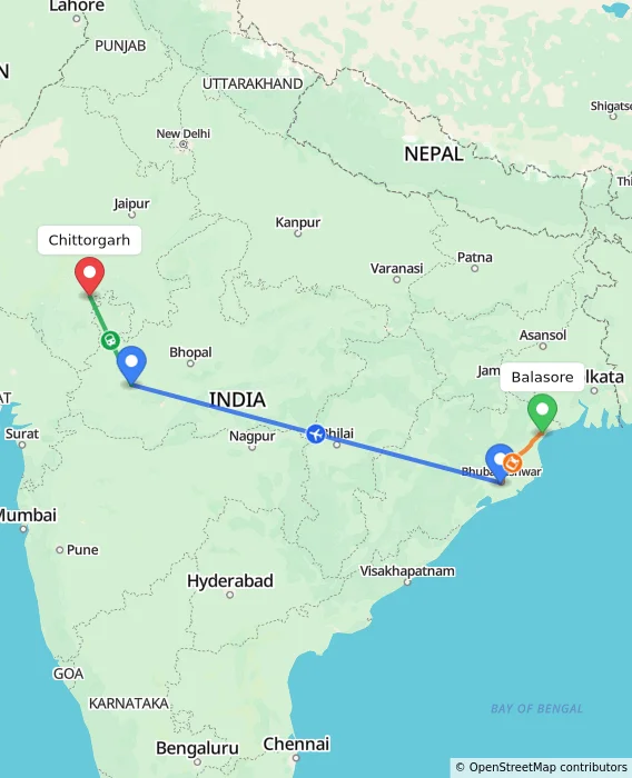 Route map showing distance and travel time from Balasore, India to Chittorgarh, India