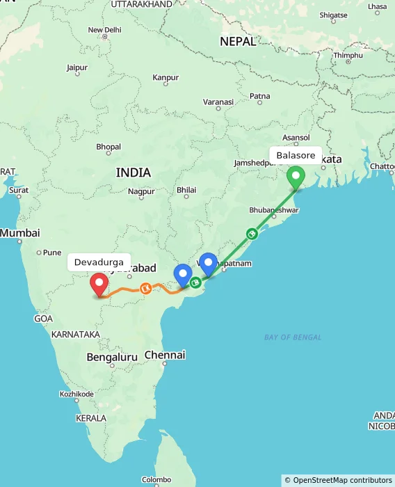 Route map showing distance and travel time from Balasore, India to Devadurga, India