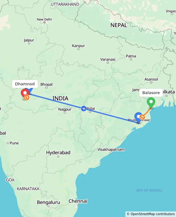 Route map showing distance and travel time from Balasore, India to Dhamnod, India