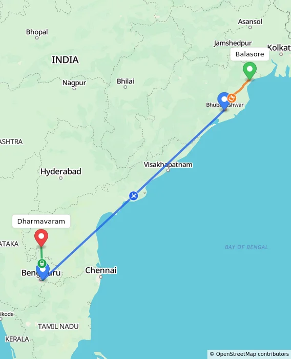 Route map showing distance and travel time from Balasore, India to Dharmavaram, India