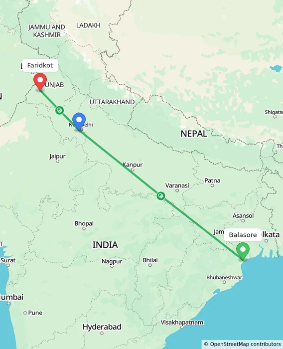 Route map showing distance and travel time from Balasore, India to Faridkot, India