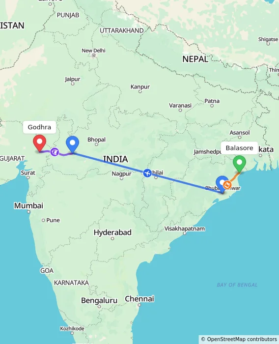 Route map showing distance and travel time from Balasore, India to Godhra, India