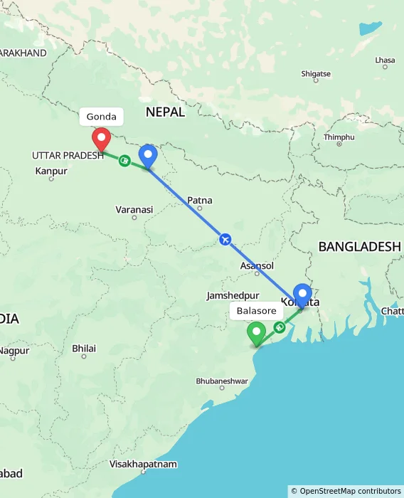 Route map showing distance and travel time from Balasore, India to Gonda, India