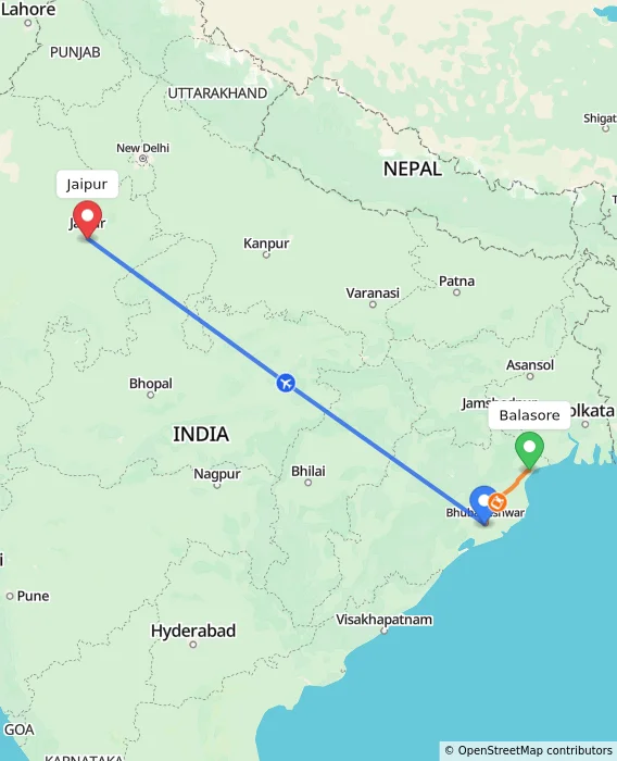 Route map showing distance and travel time from Balasore, India to Jaipur, India