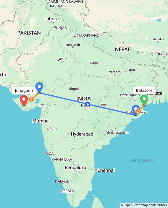 Route map showing distance and travel time from Balasore, India to Junagadh, India