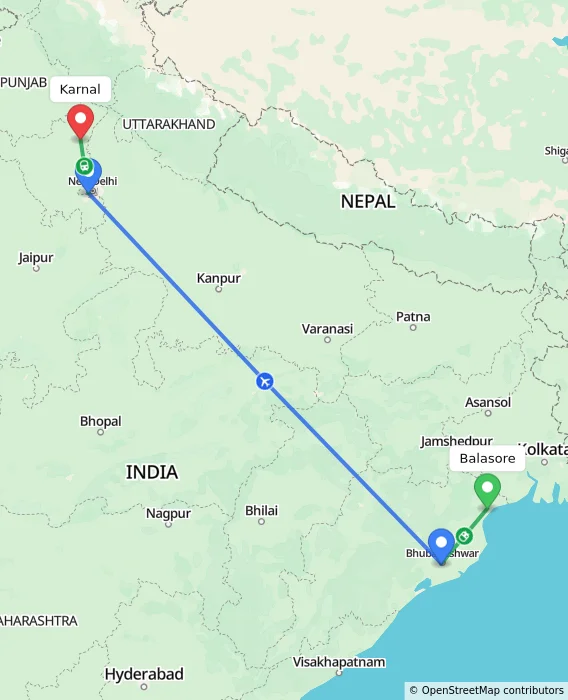 Route map showing distance and travel time from Balasore, India to Karnal, India