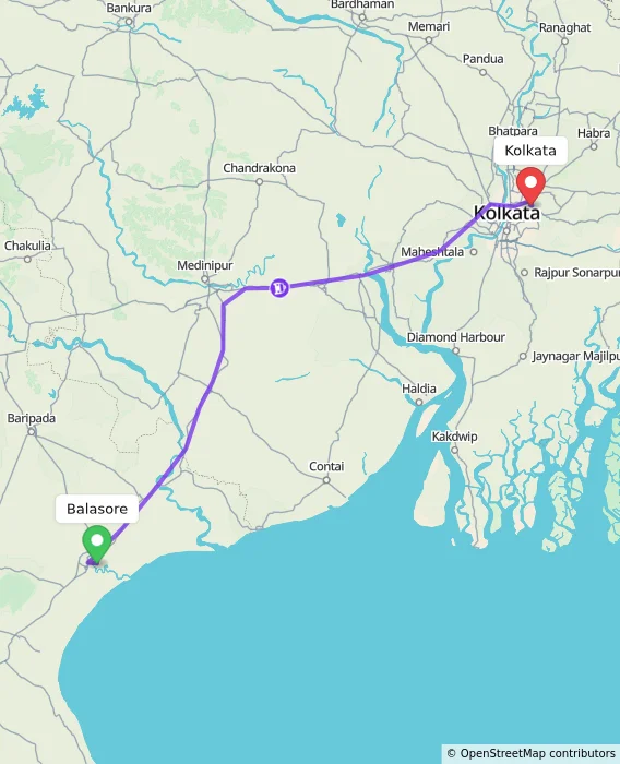 Route map showing distance and travel time from Balasore, India to Kolkata, India