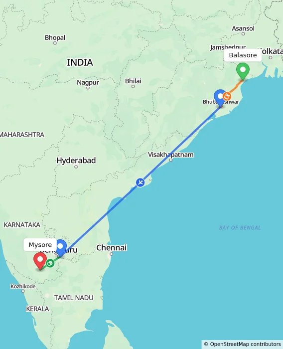 Route map showing distance and travel time from Balasore, India to Mysore, India