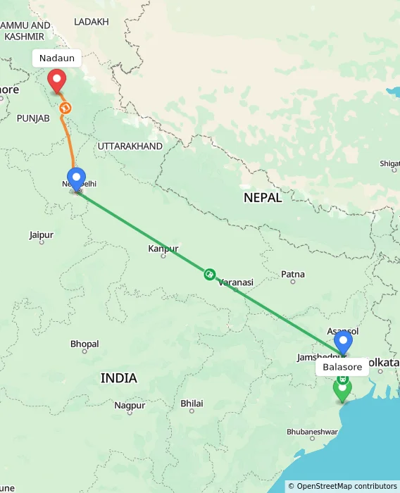 Route map showing distance and travel time from Balasore, India to Nadaun, India