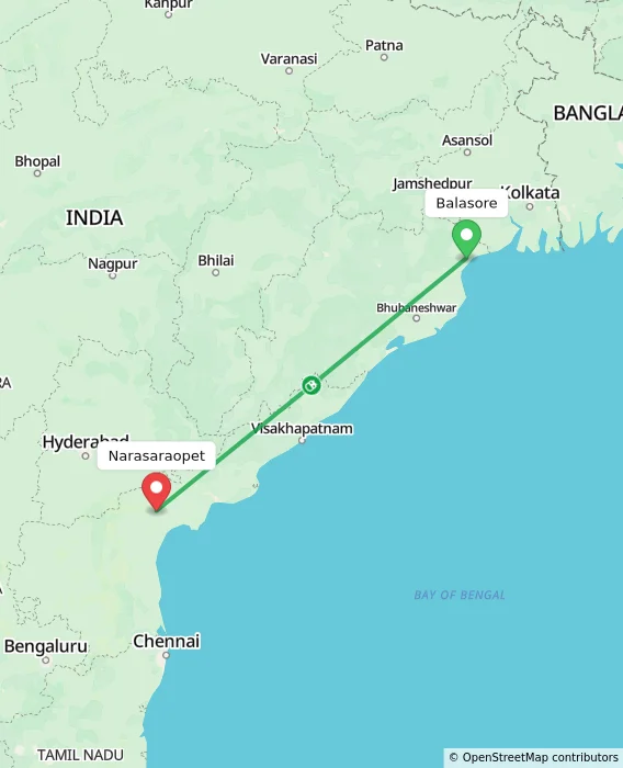 Route map showing distance and travel time from Balasore, India to Narasaraopet, India