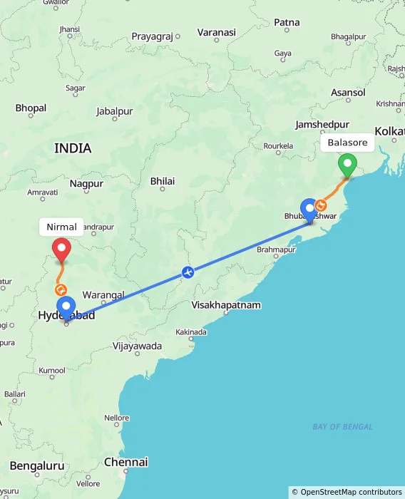 Route map showing distance and travel time from Balasore, India to Nirmal, India
