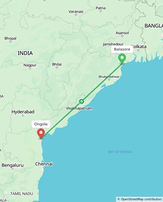 Route map showing distance and travel time from Balasore, India to Ongole, India