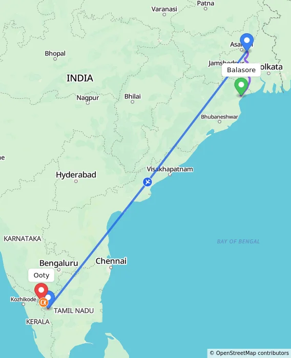 Route map showing distance and travel time from Balasore, India to Ooty, India