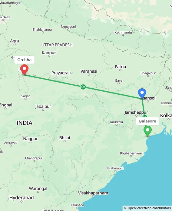 Route map showing distance and travel time from Balasore, India to Orchha, India
