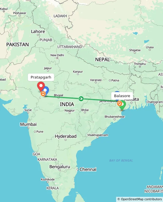 Route map showing distance and travel time from Balasore, India to Pratapgarh, India