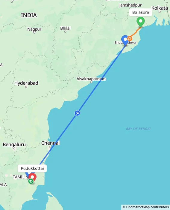 Route map showing distance and travel time from Balasore, India to Pudukkottai, India