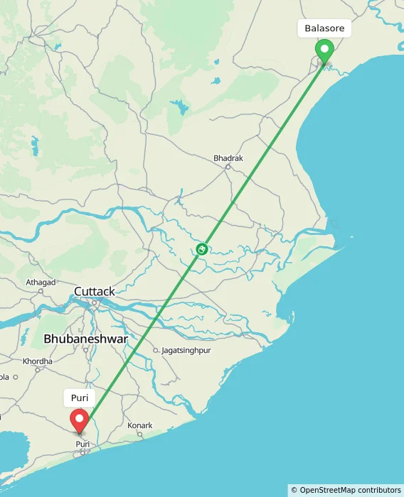 Route map showing distance and travel time from Balasore, India to Puri, India