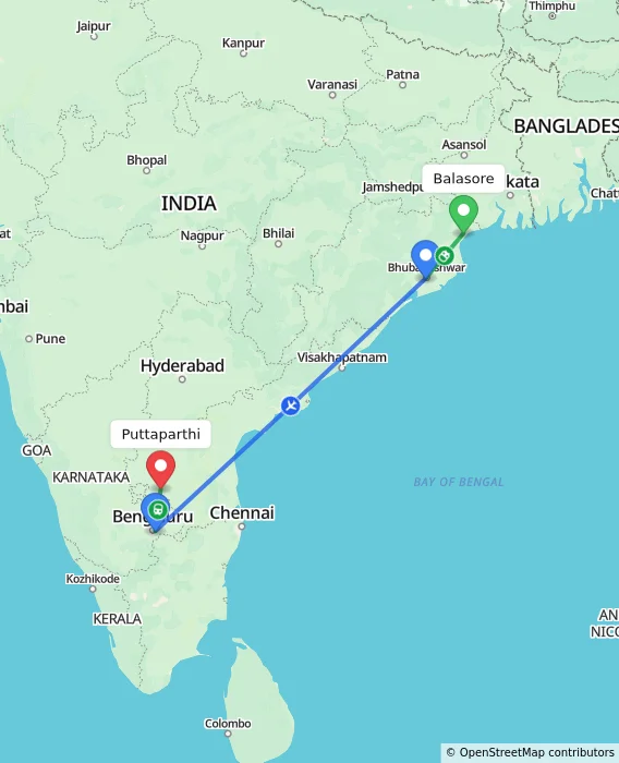 Route map showing distance and travel time from Balasore, India to Puttaparthi, India