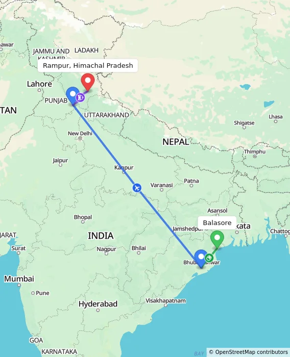 Route map showing distance and travel time from Balasore, India to Rampur, Himachal Pradesh, India