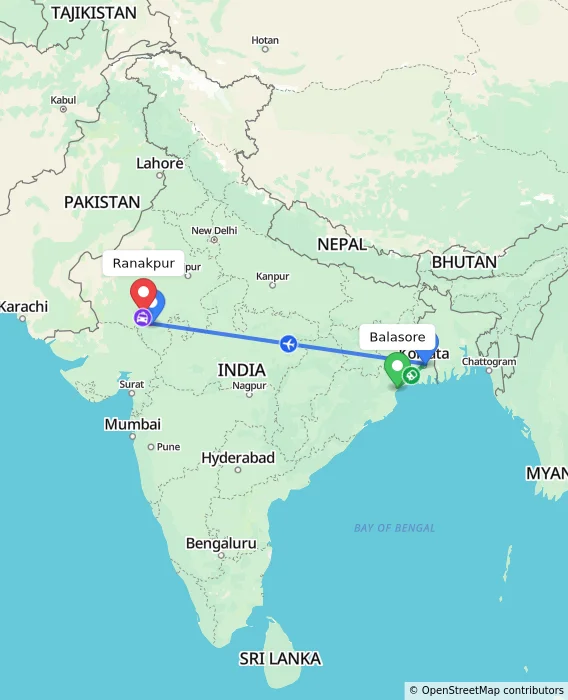 Route map showing distance and travel time from Balasore, India to Ranakpur, India