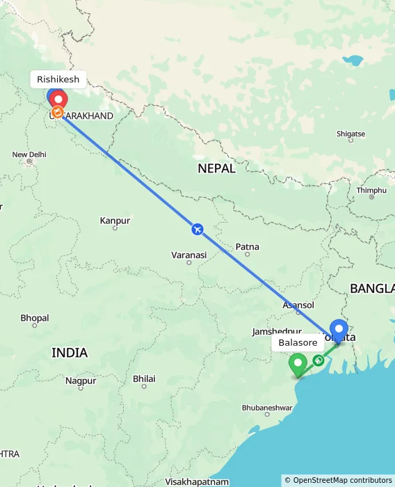 Route map showing distance and travel time from Balasore, India to Rishikesh, India