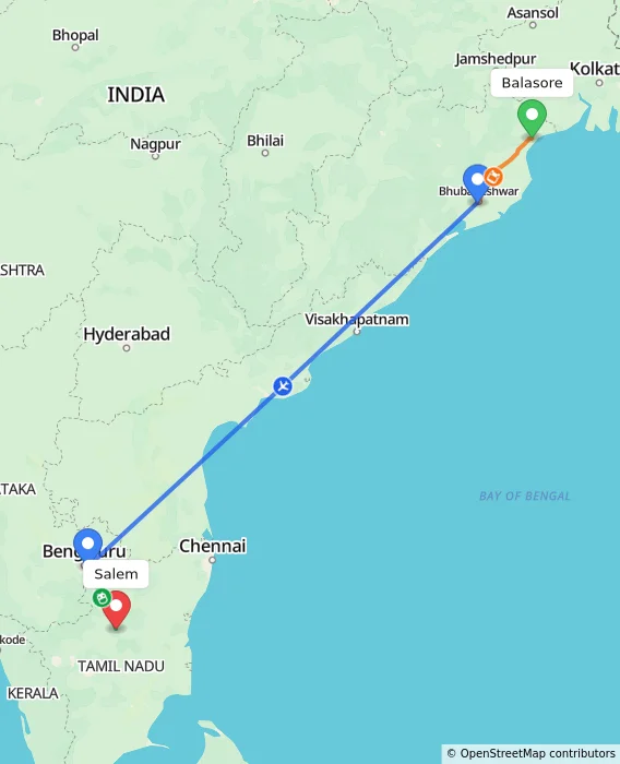 Route map showing distance and travel time from Balasore, India to Salem, India