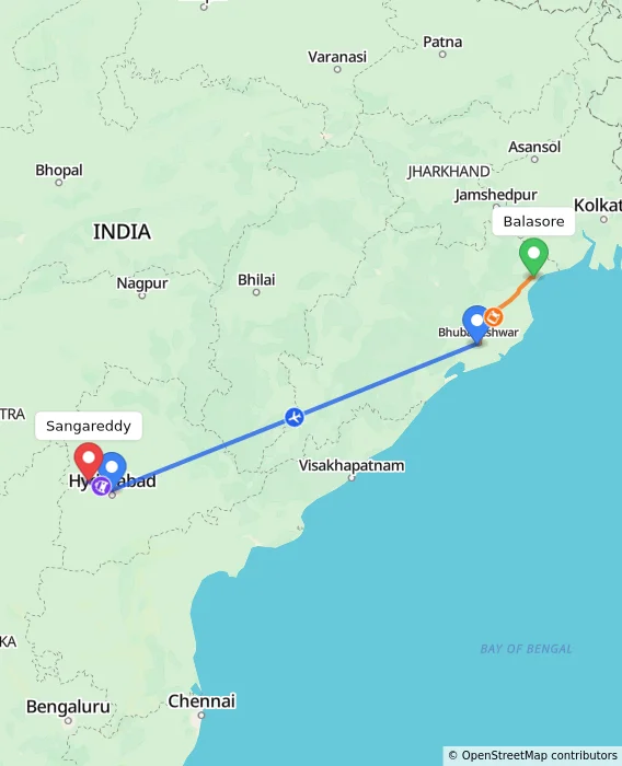 Route map showing distance and travel time from Balasore, India to Sangareddy, India