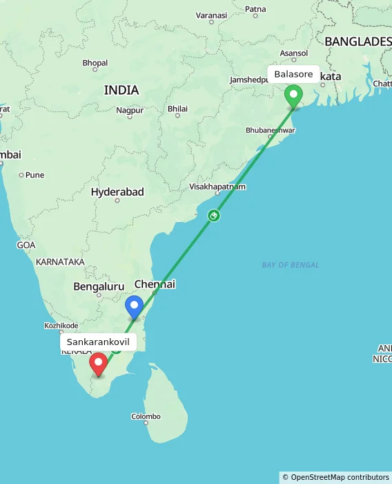 Route map showing distance and travel time from Balasore, India to Sankarankovil, India