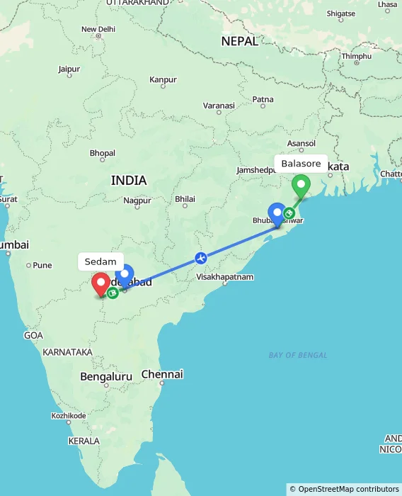 Route map showing distance and travel time from Balasore, India to Sedam, India