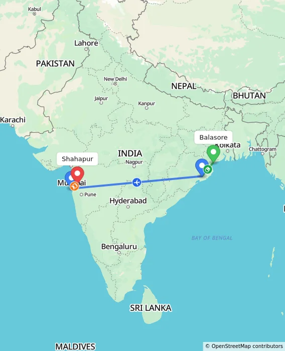 Route map showing distance and travel time from Balasore, India to Shahapur, India
