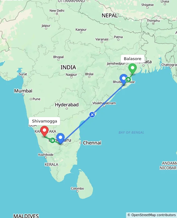 Route map showing distance and travel time from Balasore, India to Shivamogga, India