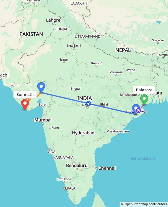 Route map showing distance and travel time from Balasore, India to Somnath, India