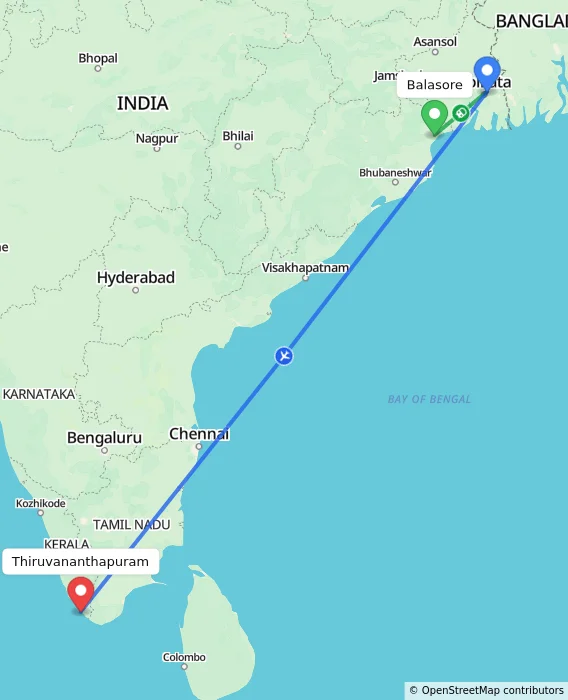 Route map showing distance and travel time from Balasore, India to Thiruvananthapuram, India