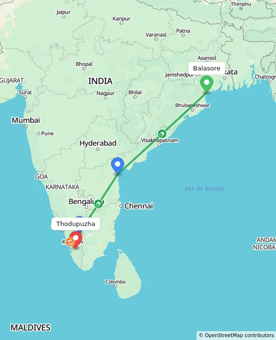 Route map showing distance and travel time from Balasore, India to Thodupuzha, India