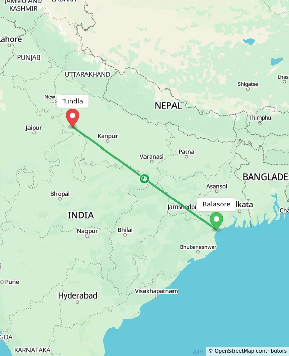 Route map showing distance and travel time from Balasore, India to Tundla, India