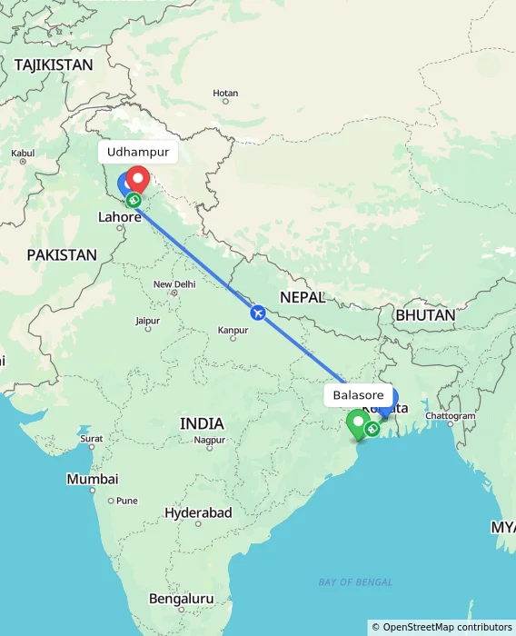 Route map showing distance and travel time from Balasore, India to Udhampur, India