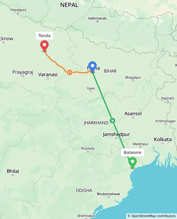 Route map showing distance and travel time from Balasore, India to Tanda, India