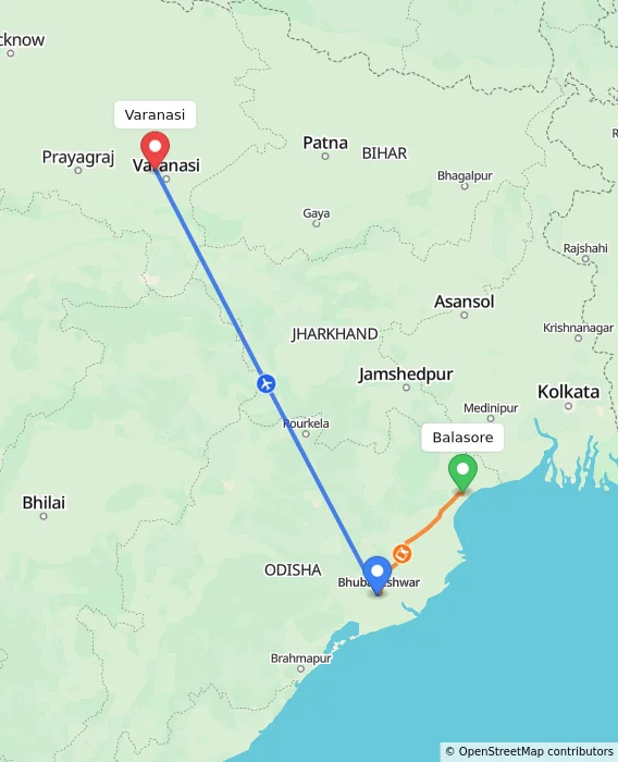 Route map showing distance and travel time from Balasore, India to Varanasi, India