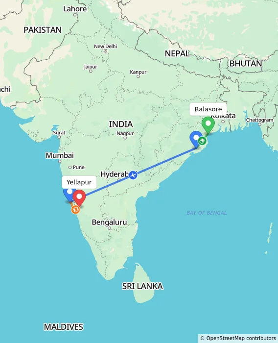Route map showing distance and travel time from Balasore, India to Yellapur, India