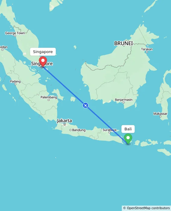 Route map showing distance and travel time from Bali, Indonesia to Singapore, Singapore
