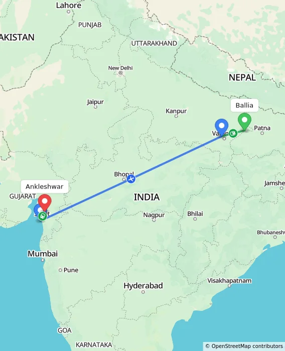 Route map showing distance and travel time from Ballia, India to Ankleshwar, India
